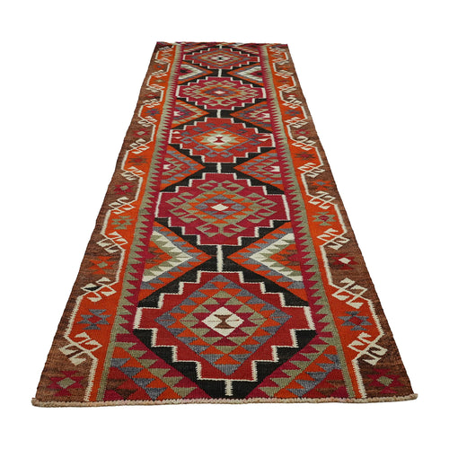3x11 Handwoven Vintage Turkish Wool Kilim - Antique Oushak Design - Tribal Runner Carpet.