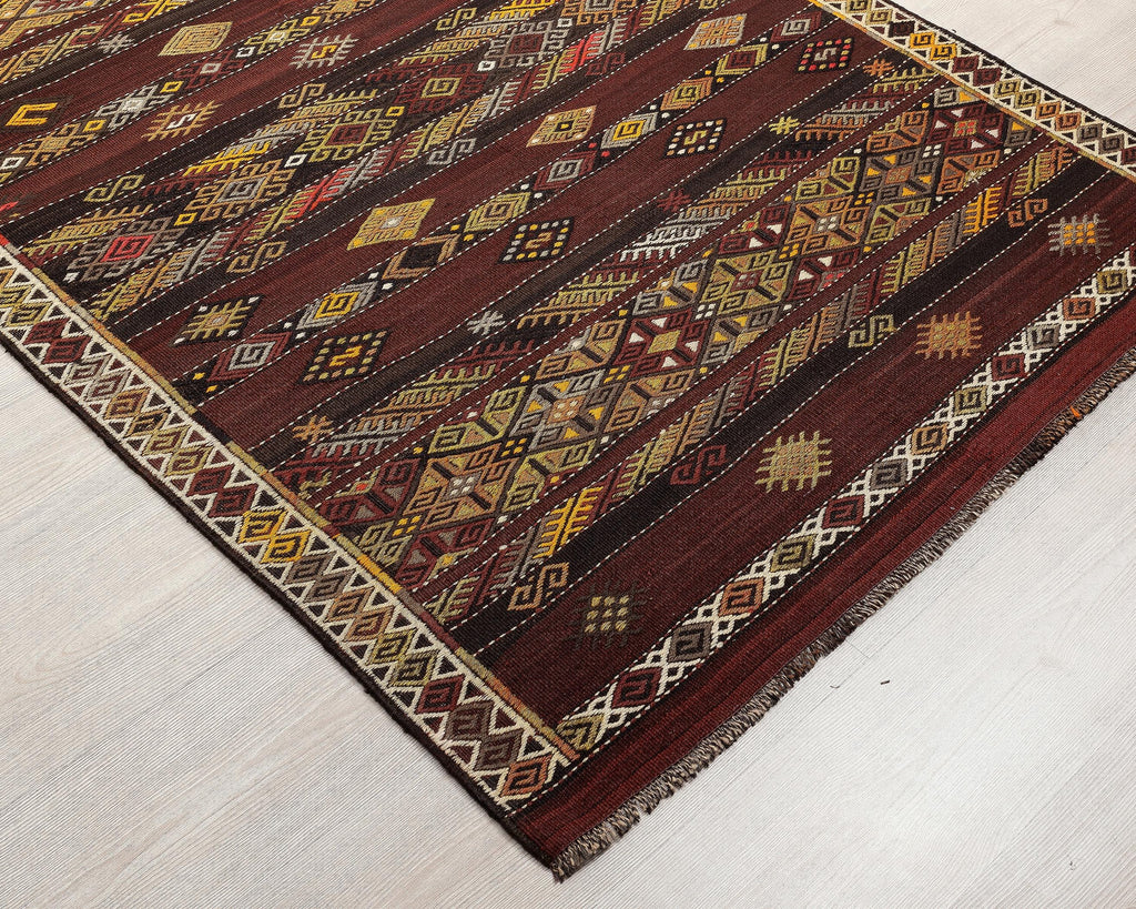 4 x 13 Handwoven Brown Wool Kilim Runner Rug.