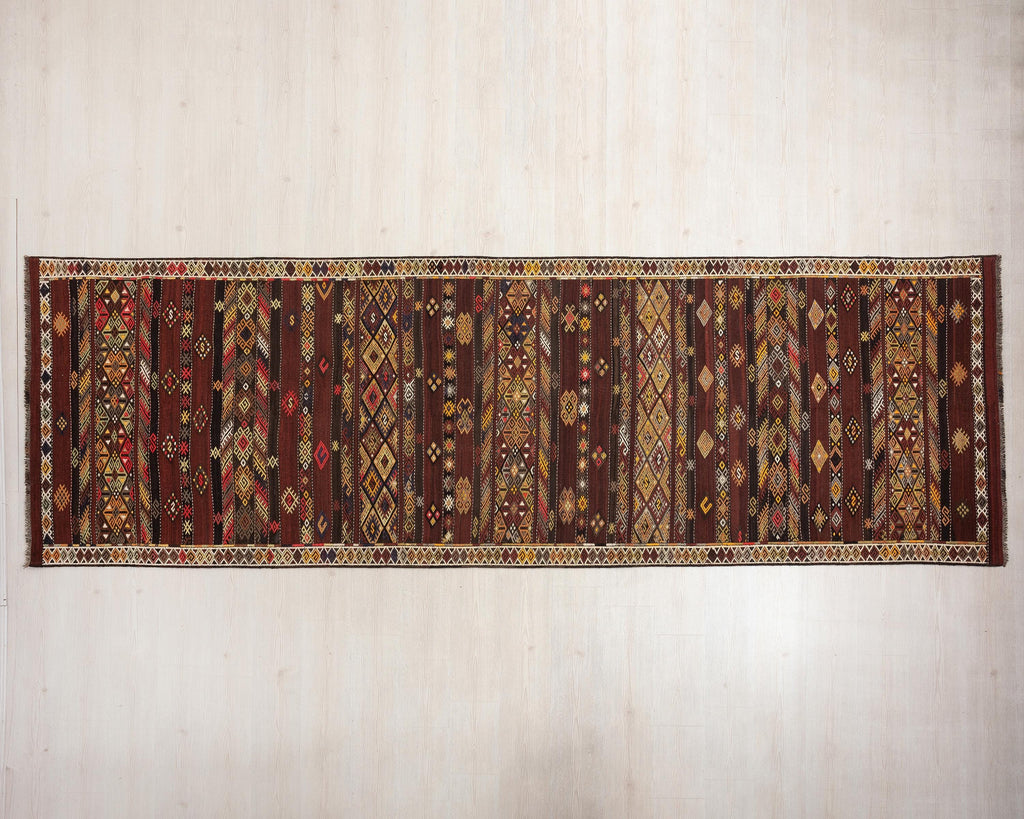 4 x 13 Handwoven Brown Wool Kilim Runner Rug.
