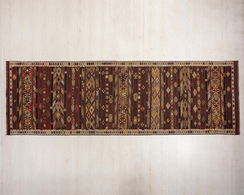 4 x 13 Handwoven Brown Wool Kilim Runner Rug.