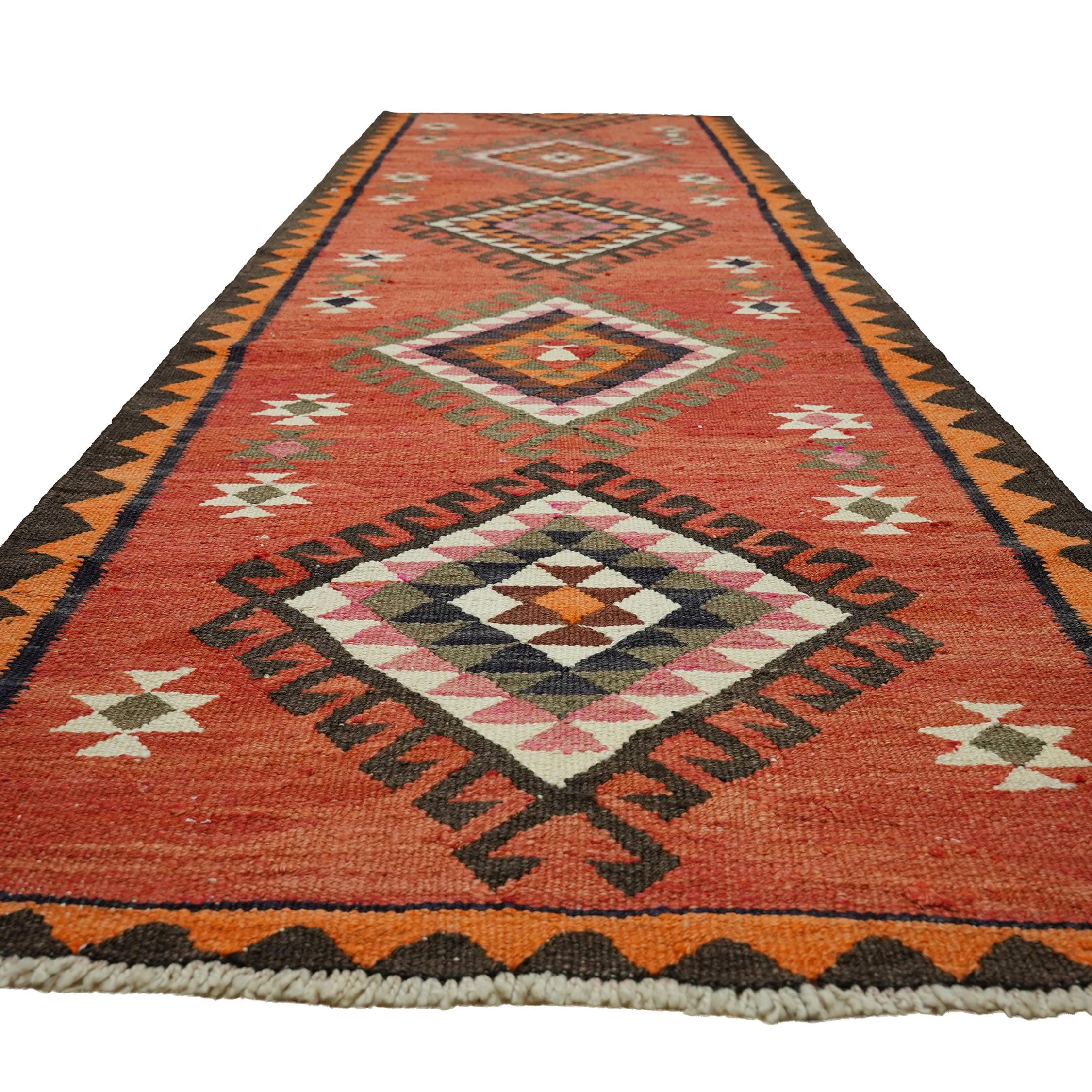 3x10 Rust Red Vintage Turkish Kilim Runner Rug - Handwoven Wool Geometric Tribal Hallway Rug