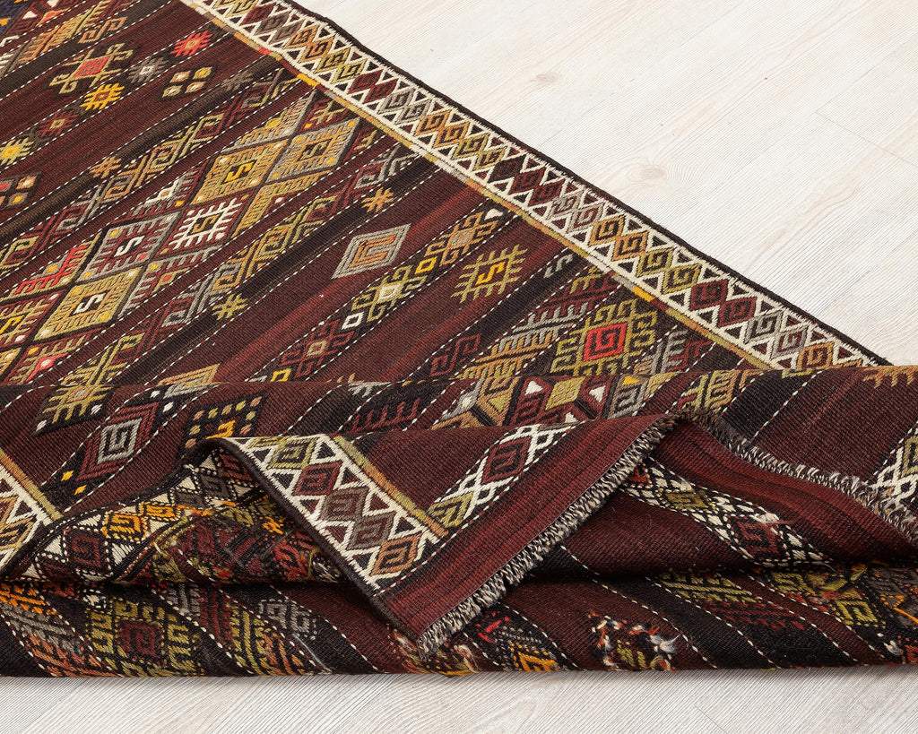 4 x 13 Handwoven Brown Wool Kilim Runner Rug.