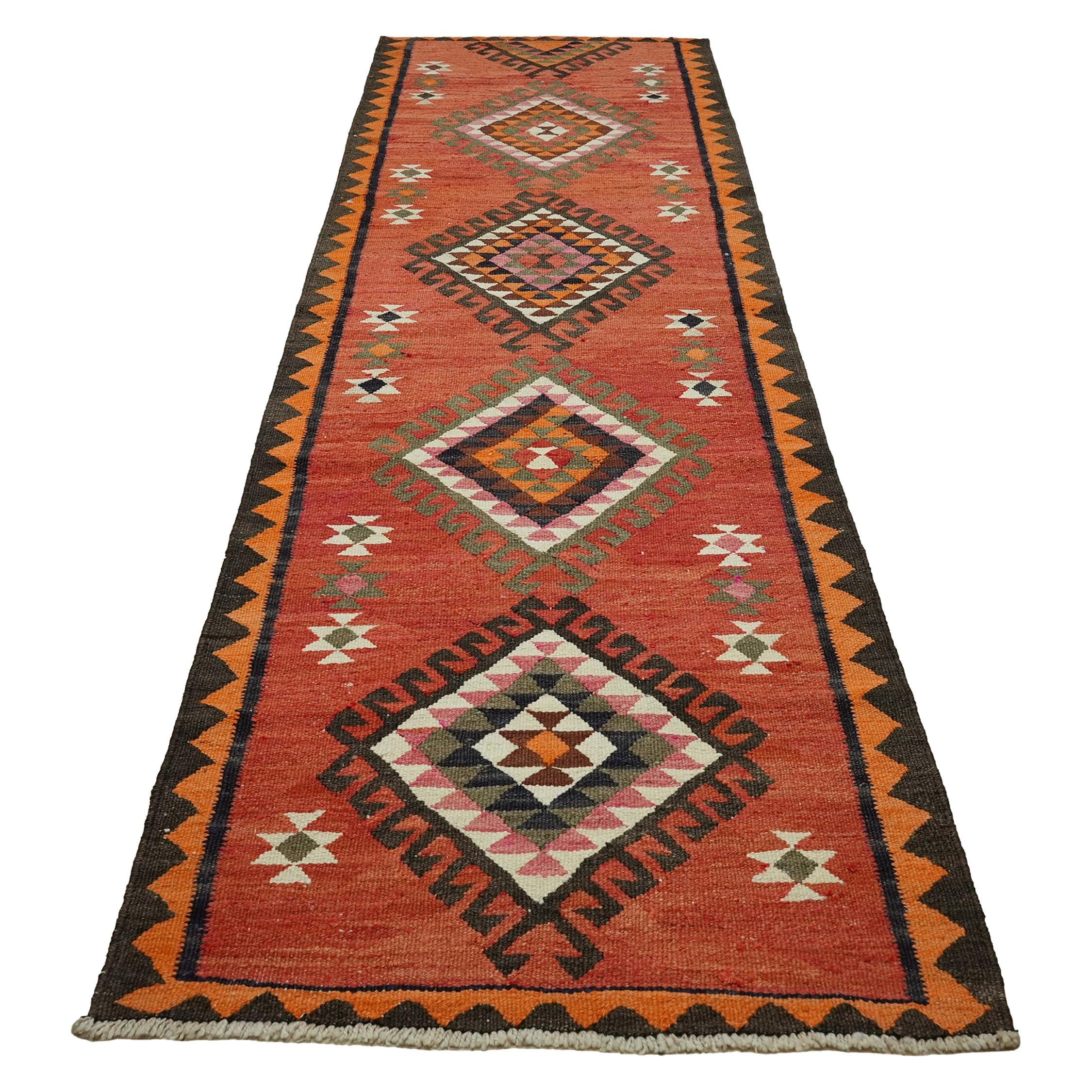 3x10 Rust Red Vintage Turkish Kilim Runner Rug - Handwoven Wool Geometric Tribal Hallway Rug