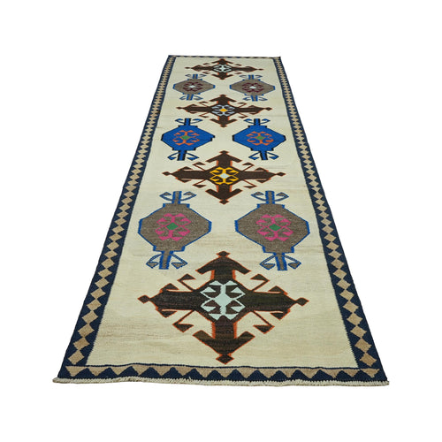 4x11 Handwoven Turkish Wool Kilim 3.7x11.2 Ft- Antique Oushak Design - Vintage Tribal Runner Carpet