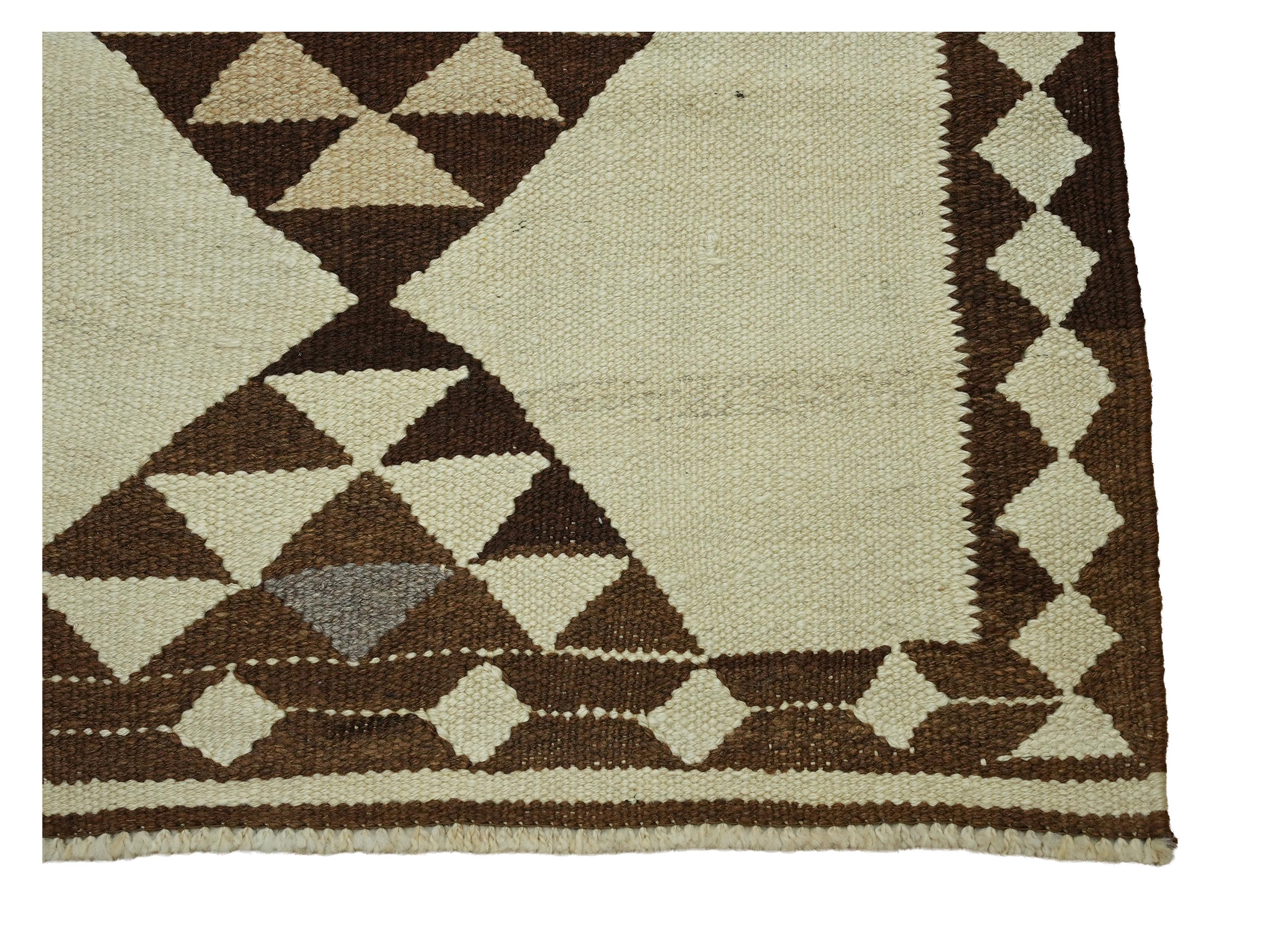 3x11 Handmade Turkish Wool Runner Rug - Brown Ivory Vintage Kilim Hallway Rug