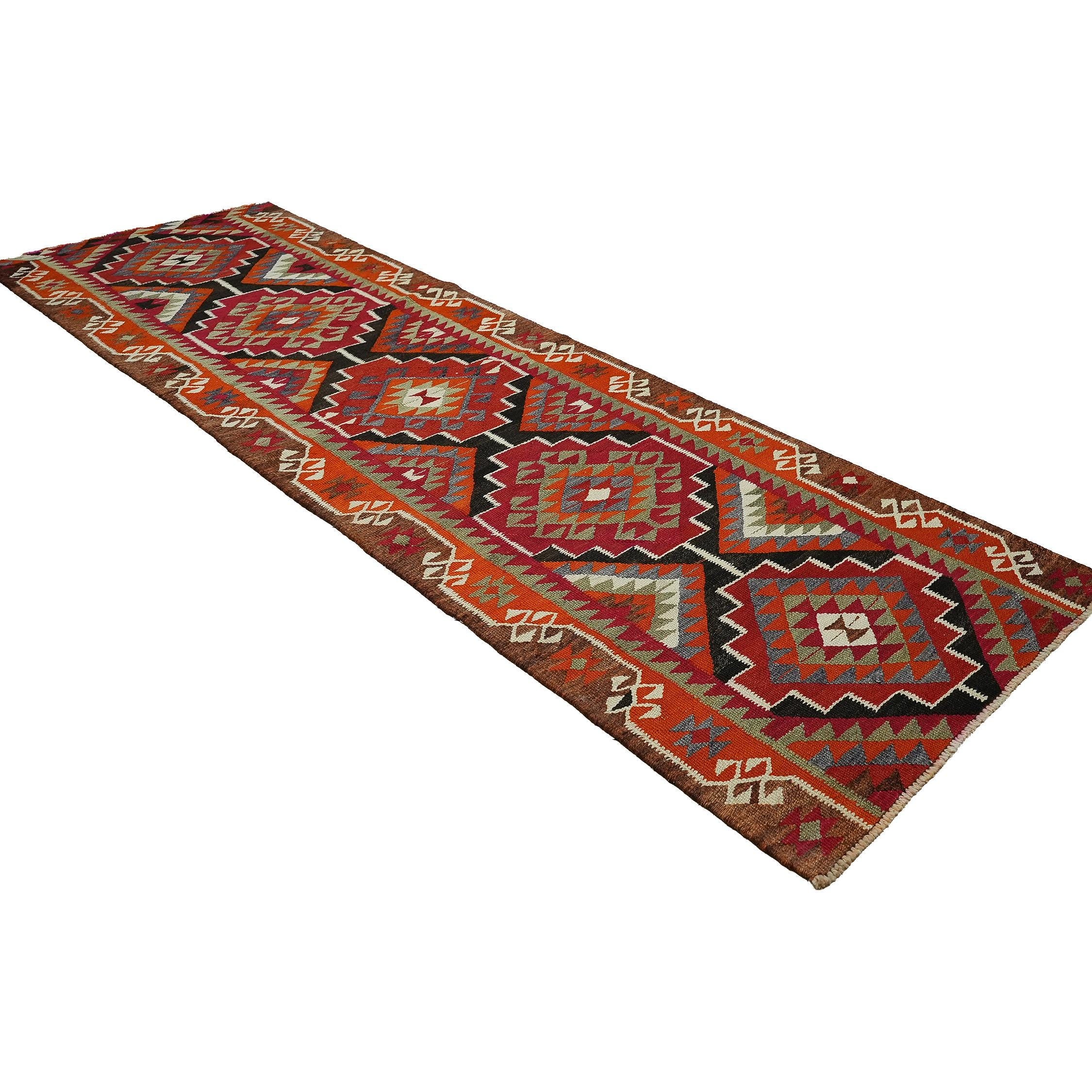 3x11 Handwoven Vintage Turkish Wool Kilim - Antique Oushak Design - Tribal Runner Carpet.