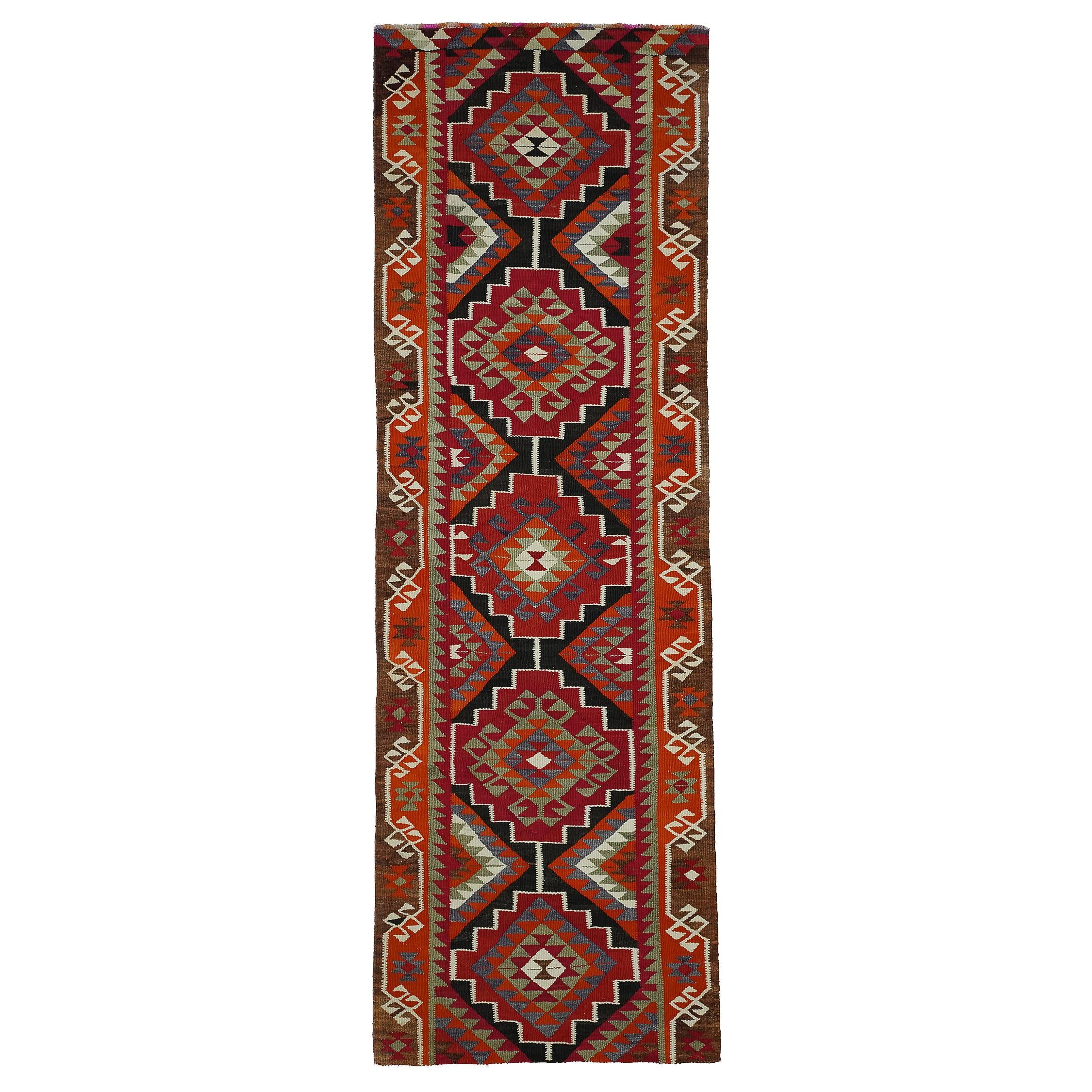 3x11 Handwoven Vintage Turkish Wool Kilim - Antique Oushak Design - Tribal Runner Carpet.