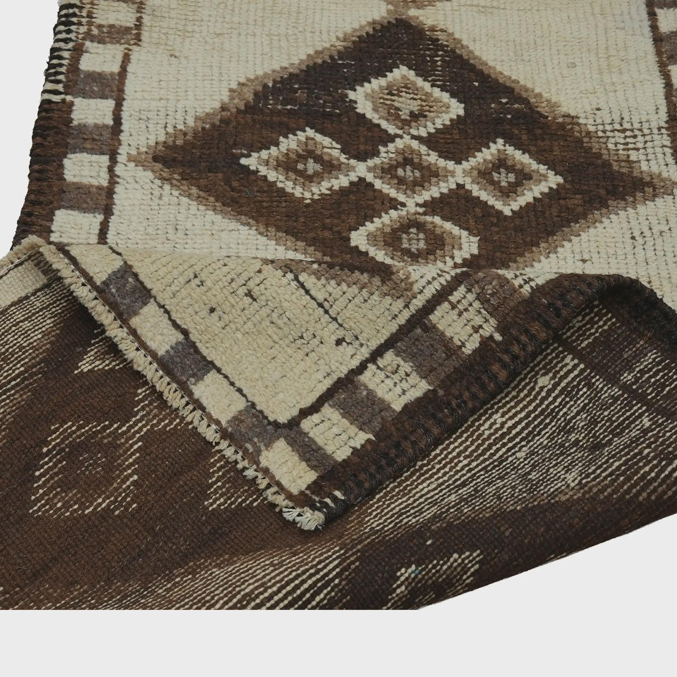 3x10 Handmade Turkish Wool Runner Rug - Brown Ivory Vintage Hallway Rug