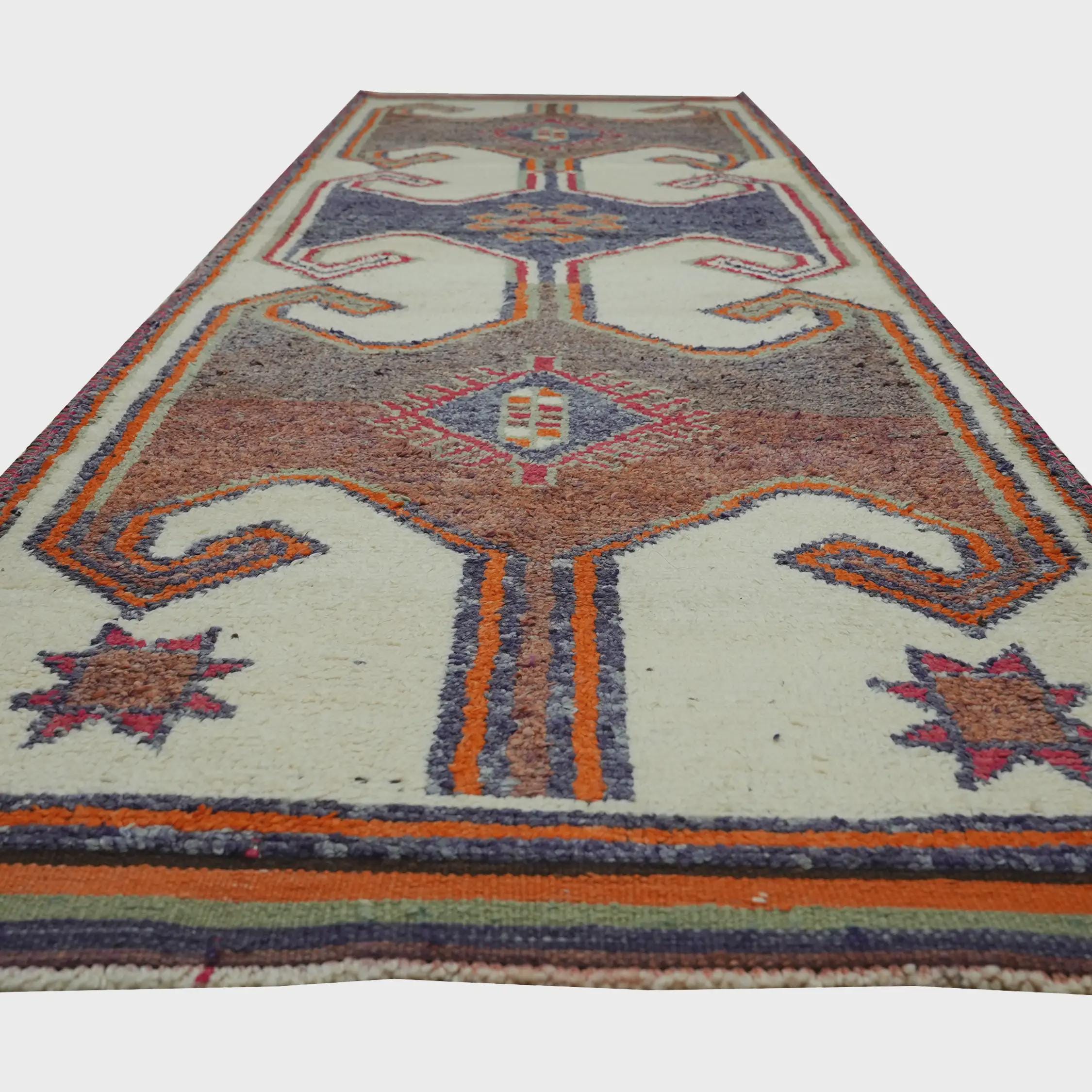 3x11 Handmade Turkish Wool Runner Rug - Cream Blue Orange Vintage Hallway Rug