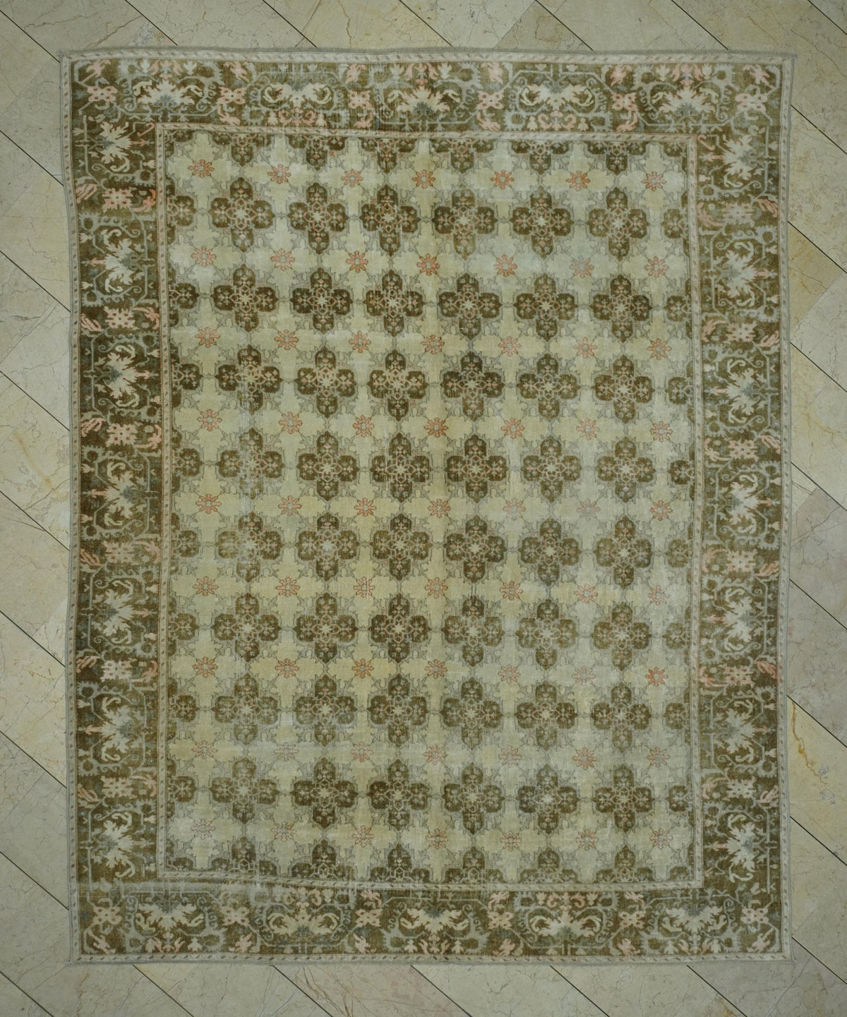 8x10 Oushak Rug: Mid-Century Modern Brown Beige Turkish Wool Carpet
