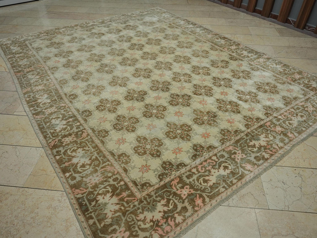 8x10 Oushak Rug: Mid-Century Modern Brown Beige Turkish Wool Carpet