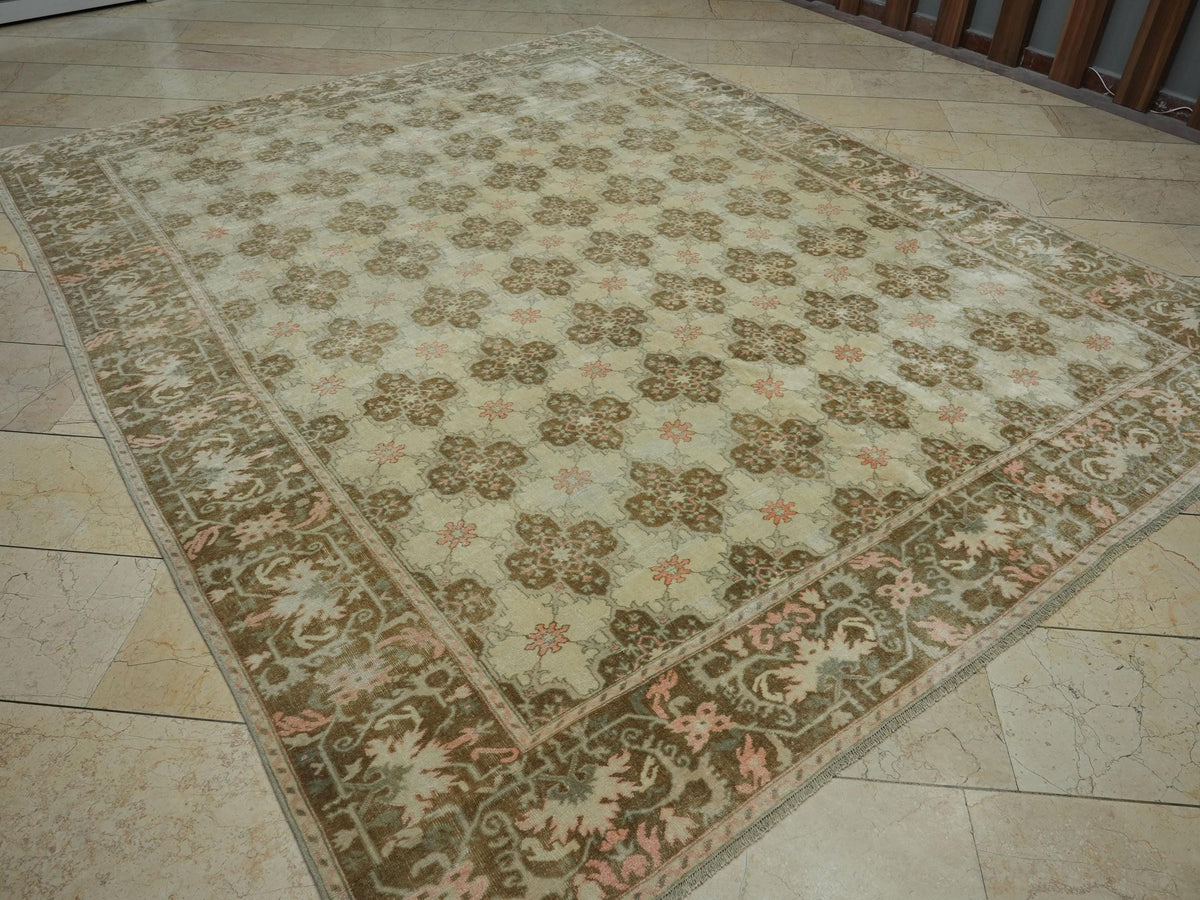 8x10 Oushak Rug: Mid-Century Modern Brown Beige Turkish Wool Carpet