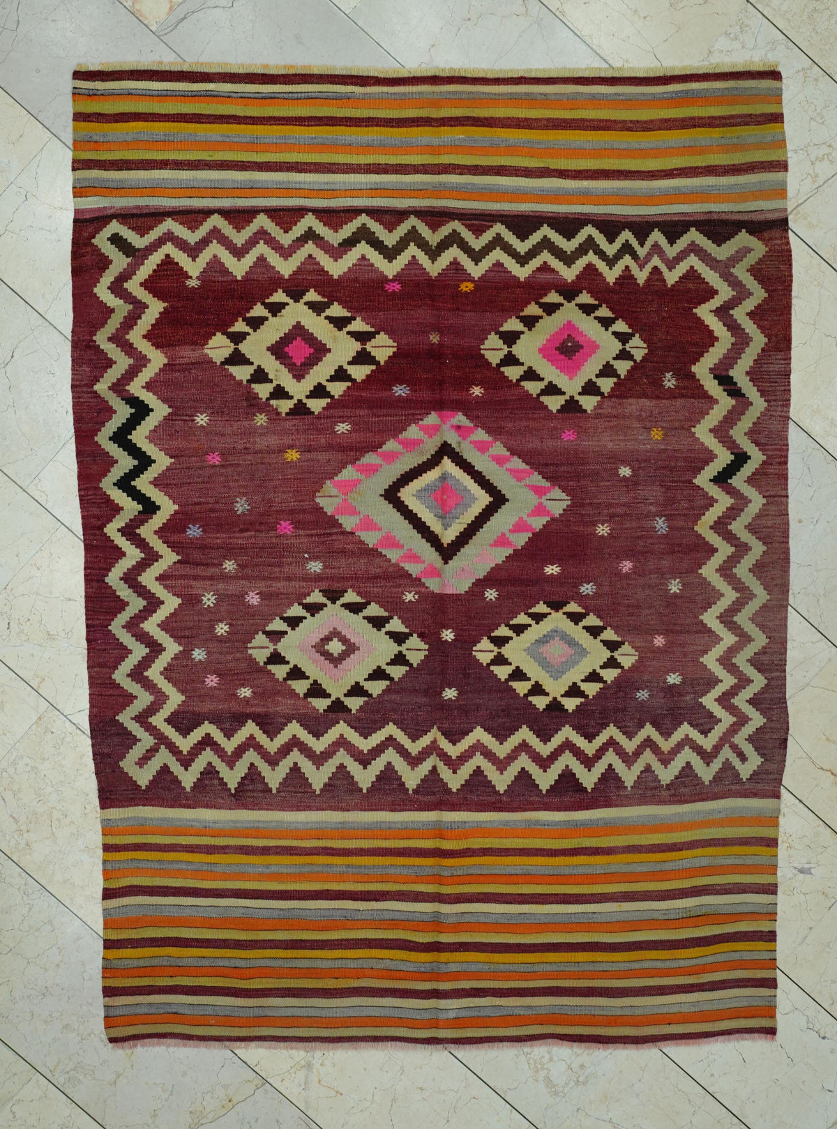 1940s Antique Turkish Kilim Rug: 5x7 Pastel Colors Flat Weave Wool Area Rugs.