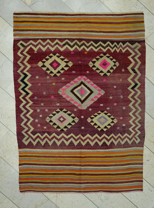 1940s Antique Turkish Kilim Rug: 5x7 Pastel Colors Flat Weave Wool Area Rugs.