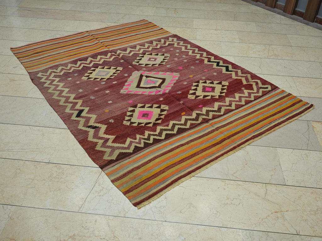 1940s Antique Turkish Kilim Rug: 5x7 Pastel Colors Flat Weave Wool Area Rugs.