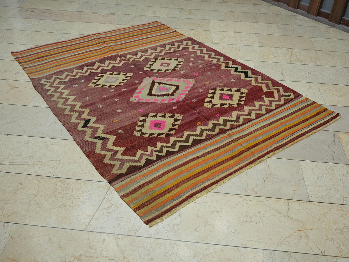 1940s Antique Turkish Kilim Rug: 5x7 Pastel Colors Flat Weave Wool Area Rugs.