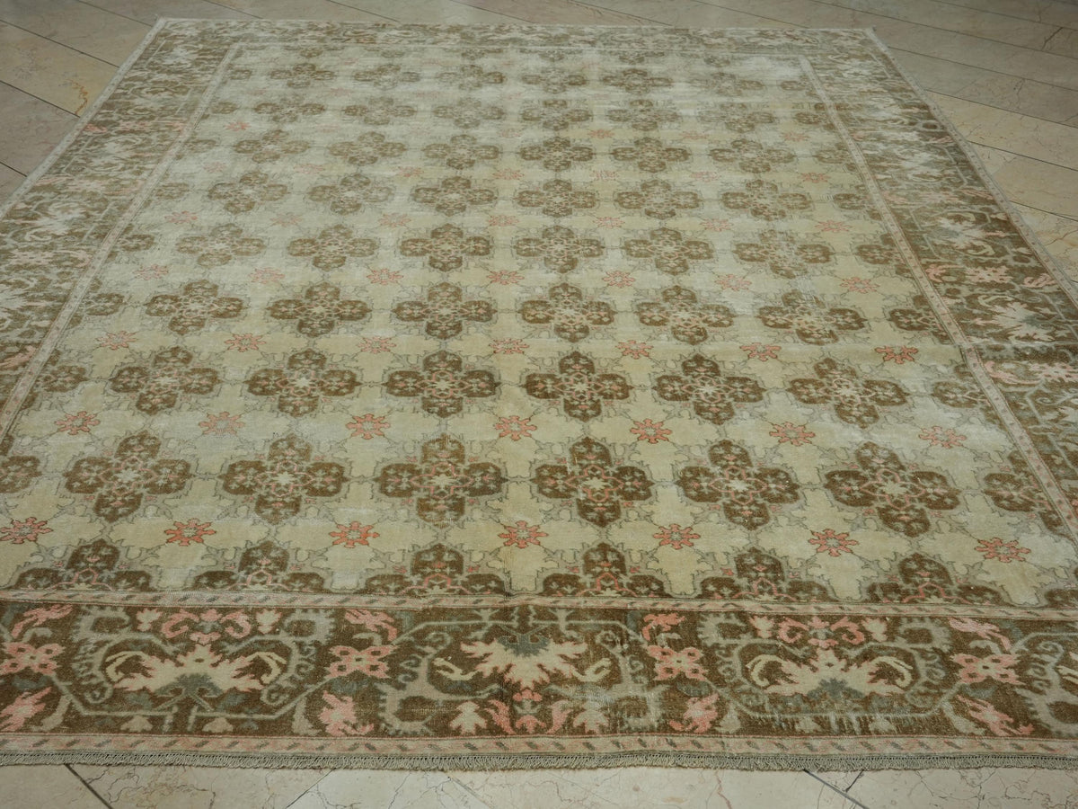 8x10 Oushak Rug: Mid-Century Modern Brown Beige Turkish Wool Carpet