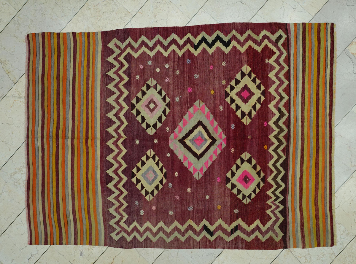 1940s Antique Turkish Kilim Rug: 5x7 Pastel Colors Flat Weave Wool Area Rugs.