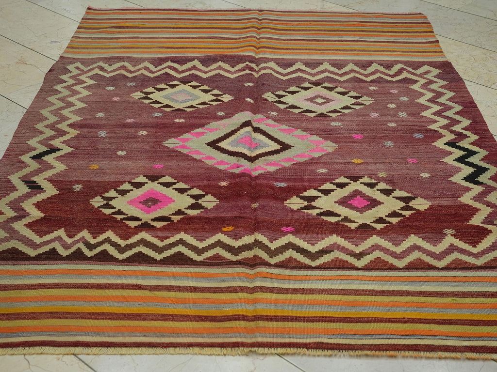 1940s Antique Turkish Kilim Rug: 5x7 Pastel Colors Flat Weave Wool Area Rugs.