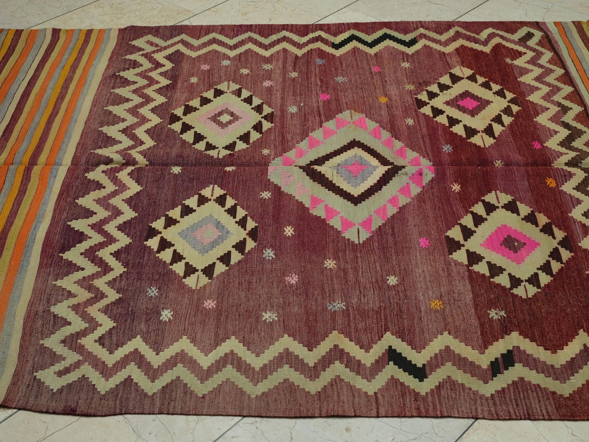 1940s Antique Turkish Kilim Rug: 5x7 Pastel Colors Flat Weave Wool Area Rugs.