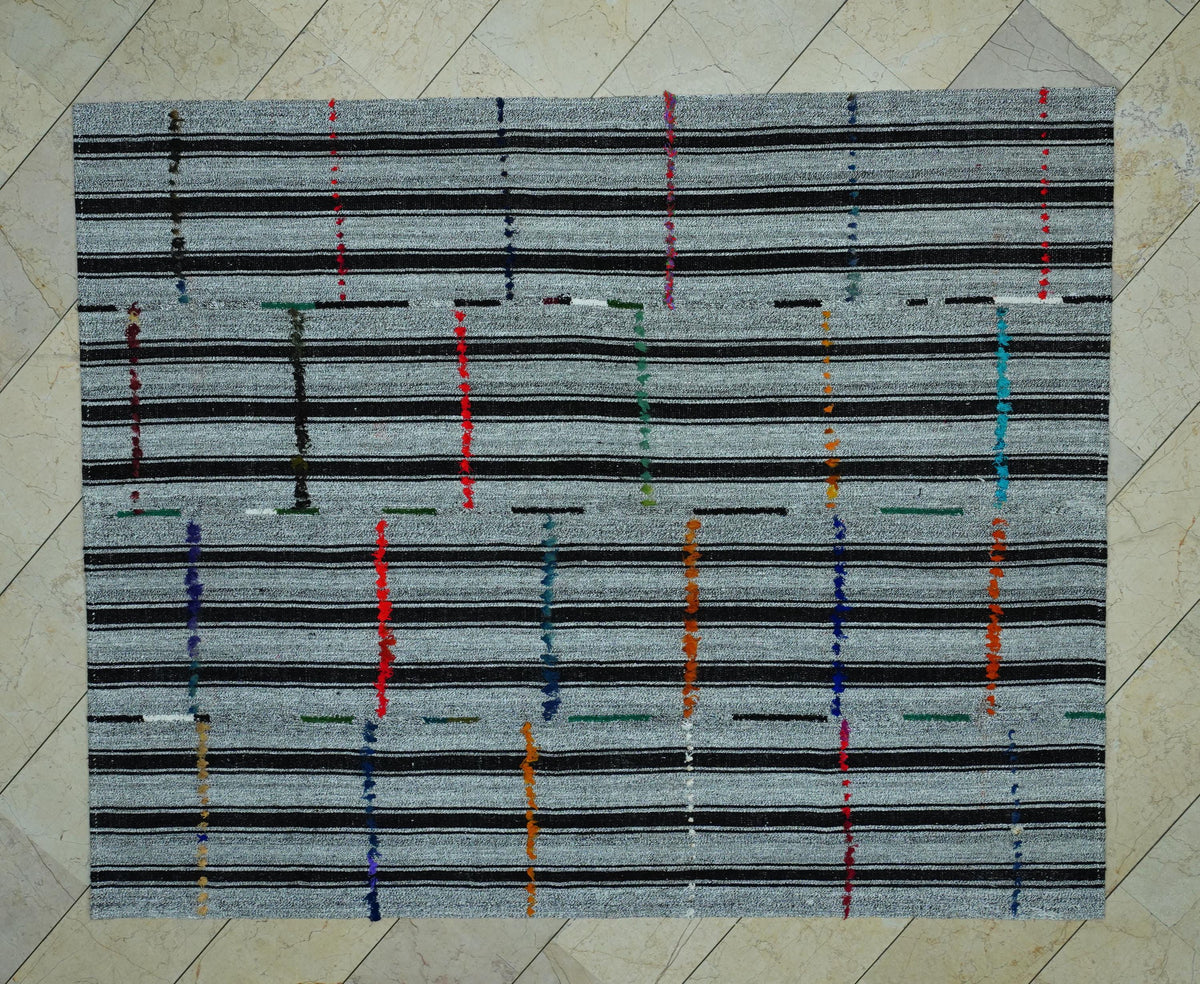 Dark Brown Stripe Gray Kilim Rug: 6.3x7.9 Ft,Mid Century Modern Turkish Rugs.