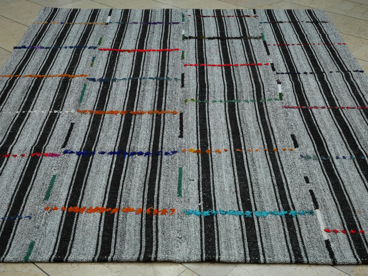 Dark Brown Stripe Gray Kilim Rug: 6.3x7.9 Ft,Mid Century Modern Turkish Rugs.
