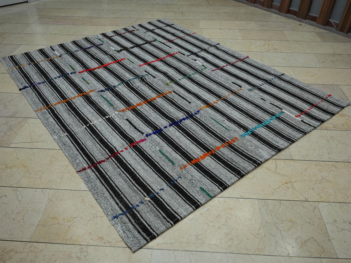 Dark Brown Stripe Gray Kilim Rug: 6.3x7.9 Ft,Mid Century Modern Turkish Rugs.