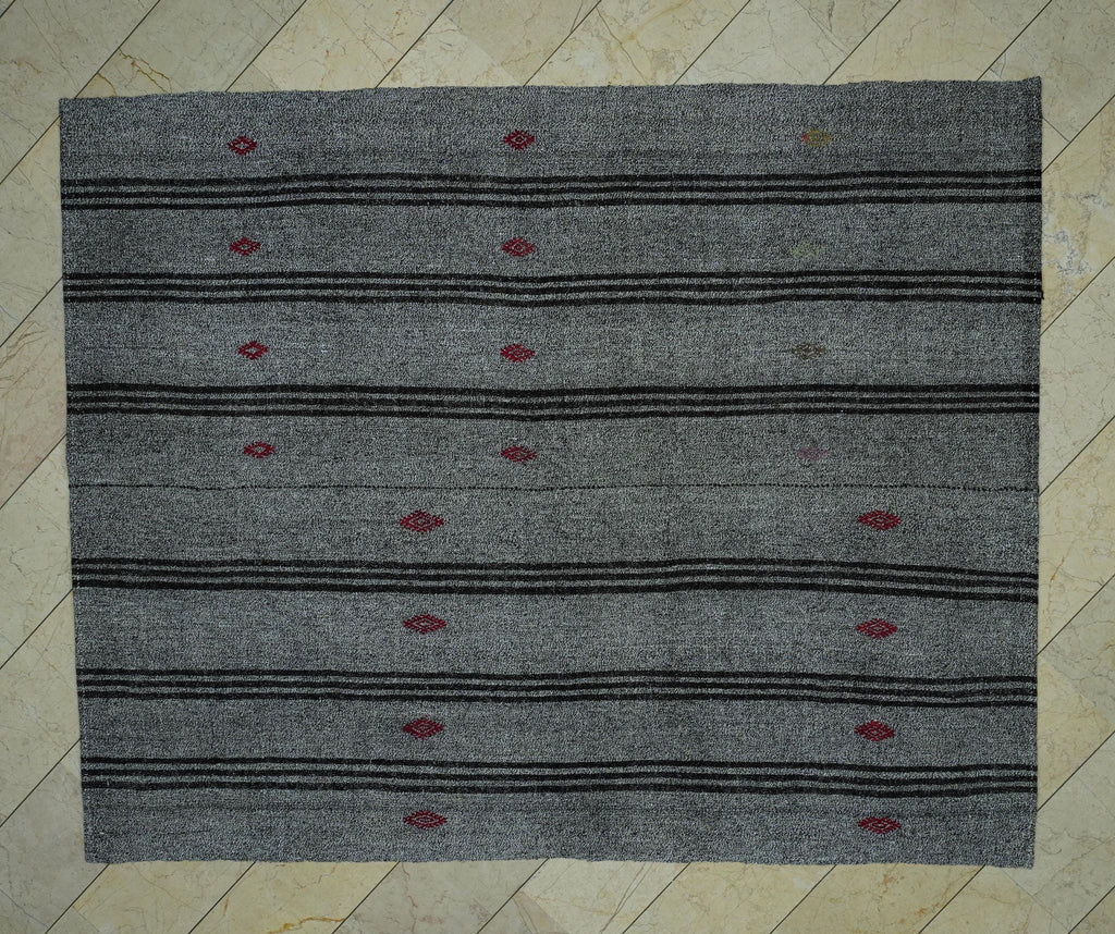 Scandinavian Style Gray & Dark Brown Striped Turkish Kilim Rug: 7.2x9 Feet.
