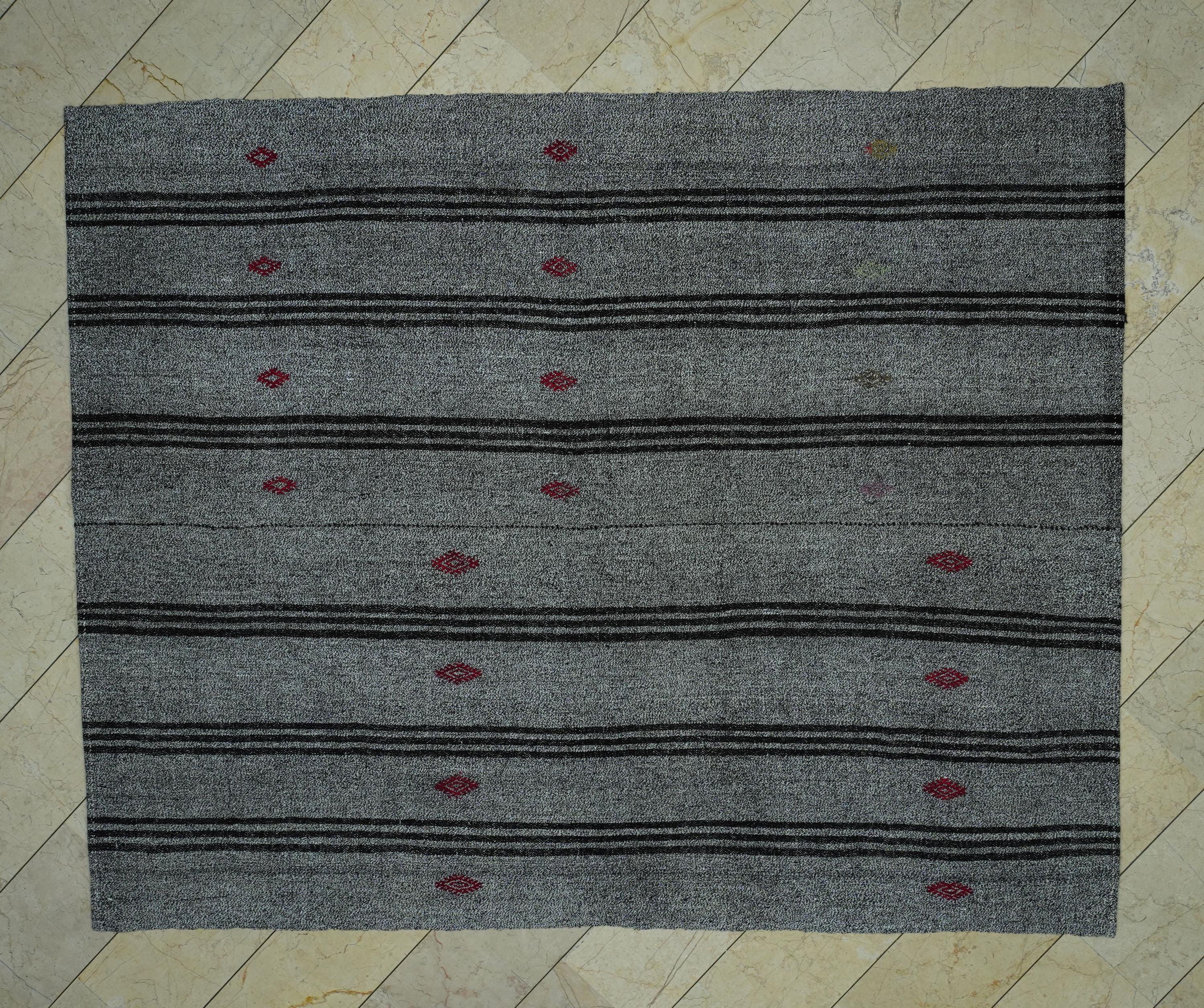 Scandinavian Style Gray & Dark Brown Striped Turkish Kilim Rug: 7.2x9 Feet.