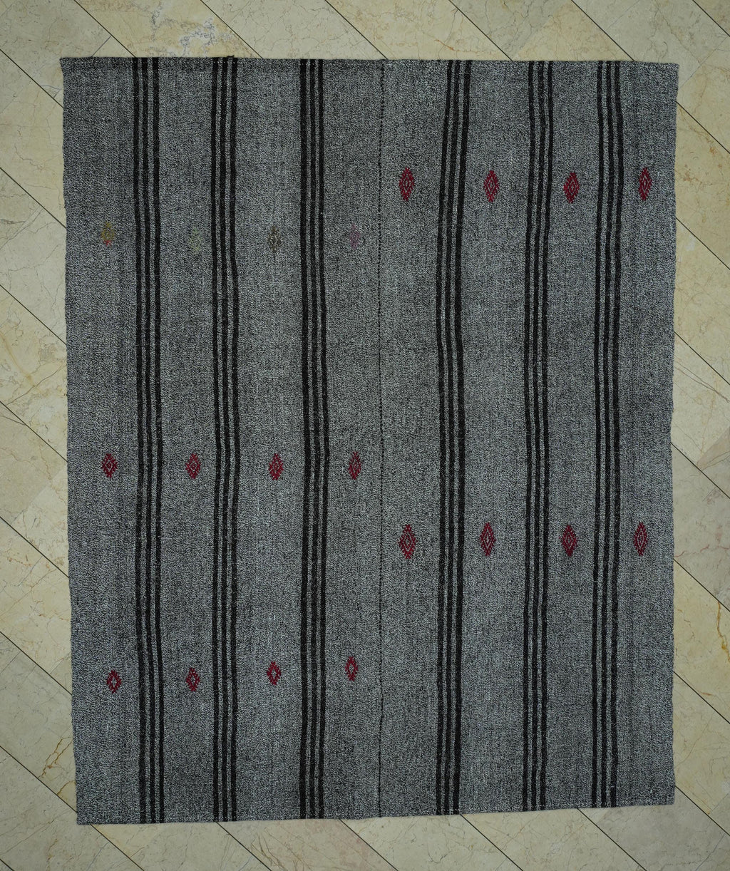 Scandinavian Style Gray & Dark Brown Striped Turkish Kilim Rug: 7.2x9 Feet.