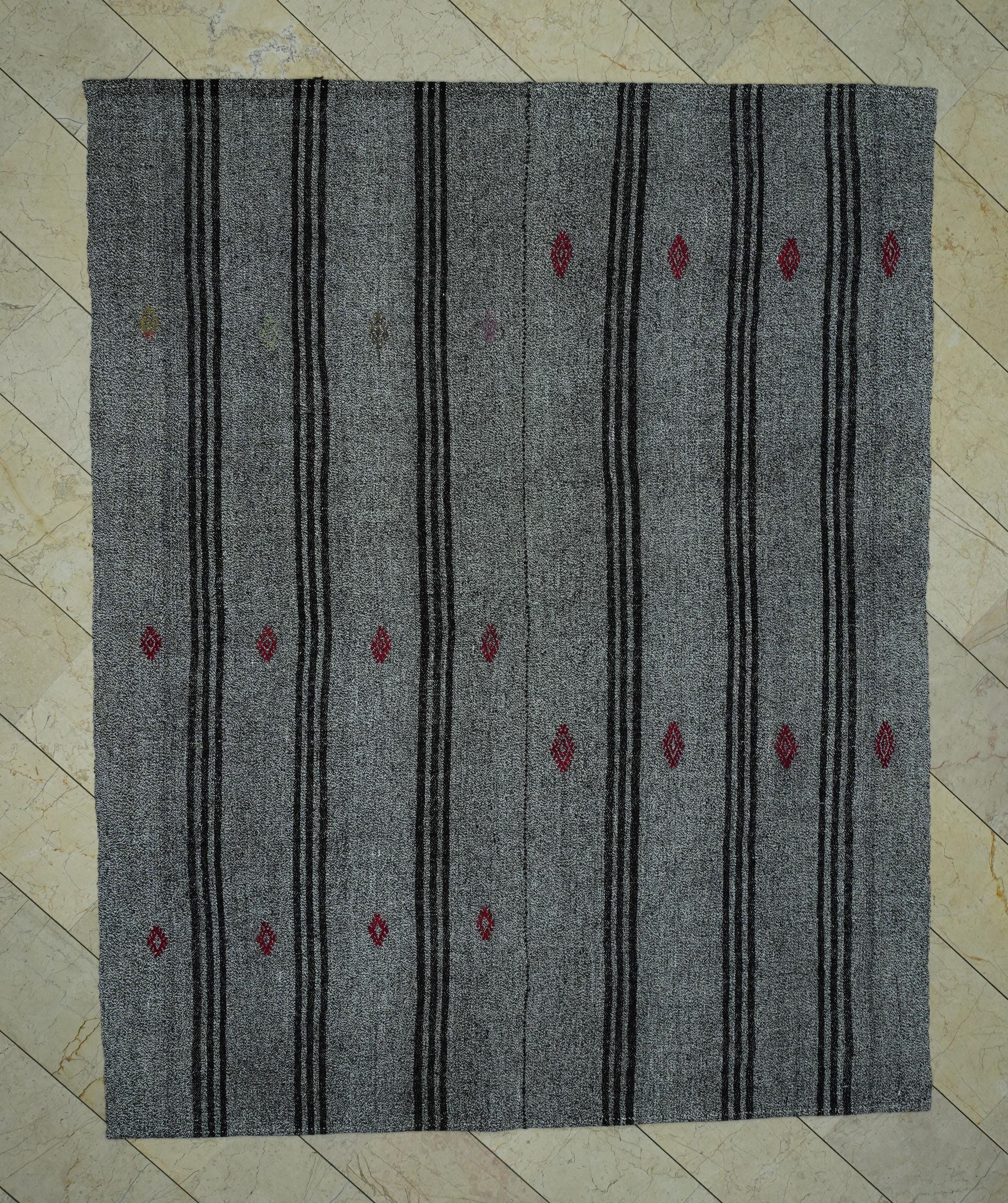 Scandinavian Style Gray & Dark Brown Striped Turkish Kilim Rug: 7.2x9 Feet.