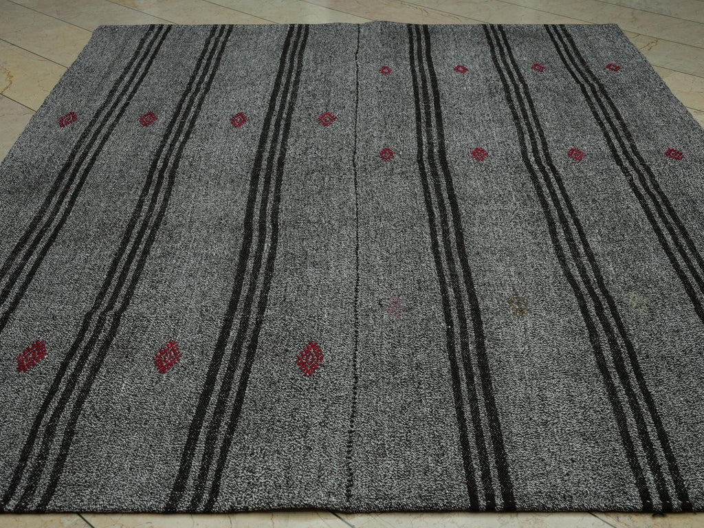 Scandinavian Style Gray & Dark Brown Striped Turkish Kilim Rug: 7.2x9 Feet.