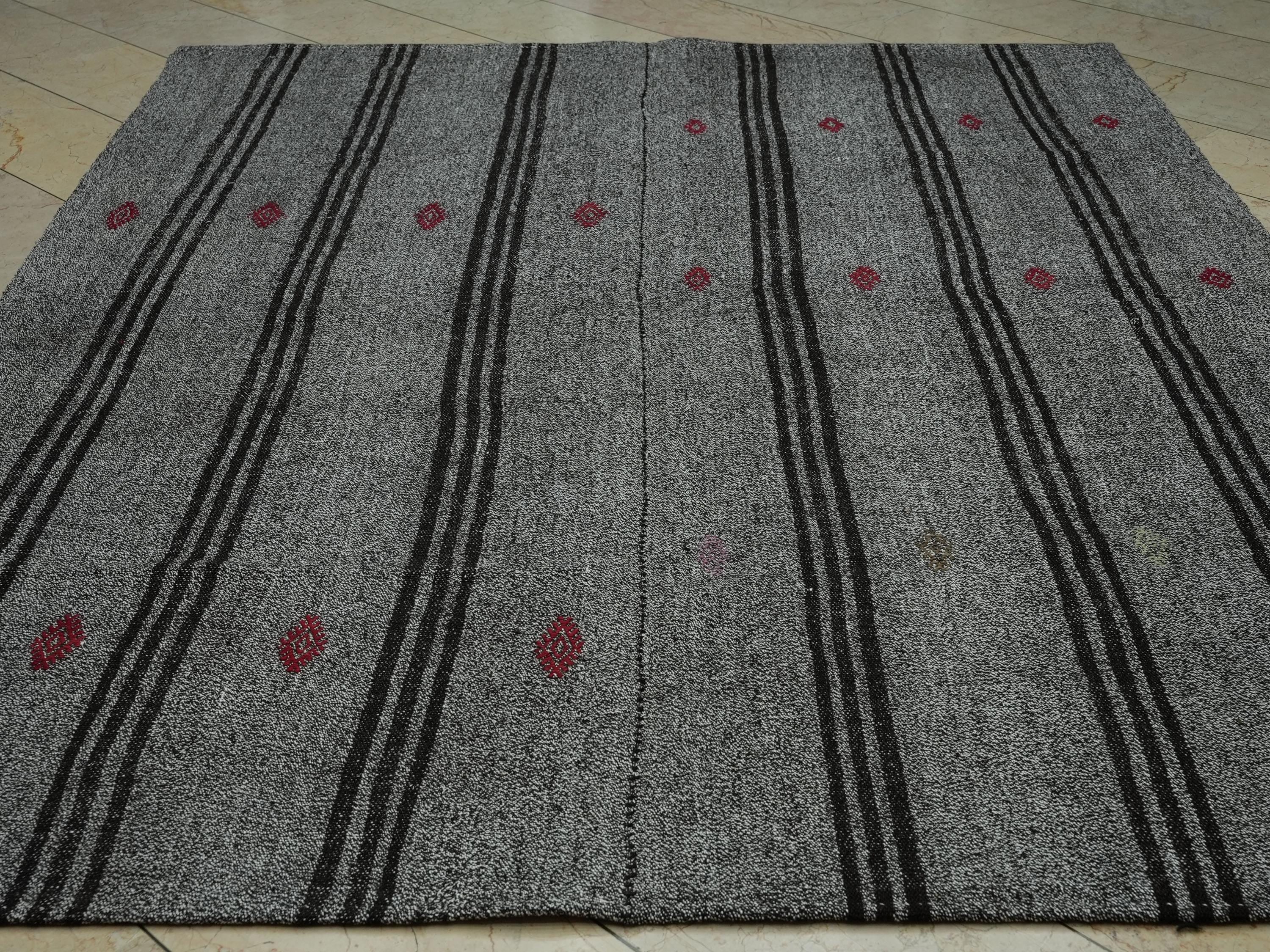 Scandinavian Style Gray & Dark Brown Striped Turkish Kilim Rug: 7.2x9 Feet.