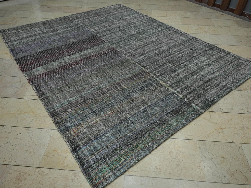 Sweden Style Flat Weave Turkish Rag Rug: 7x8.7 Ft,Modern Striped Area Kilim Rugs.