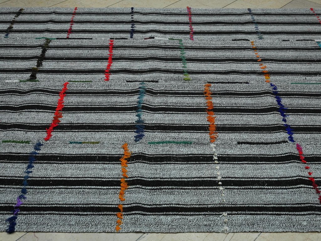 Dark Brown Stripe Gray Kilim Rug: 6.3x7.9 Ft,Mid Century Modern Turkish Rugs.