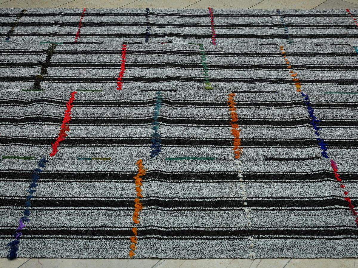 Dark Brown Stripe Gray Kilim Rug: 6.3x7.9 Ft,Mid Century Modern Turkish Rugs.
