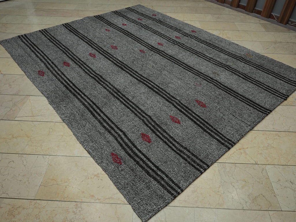 Scandinavian Style Gray & Dark Brown Striped Turkish Kilim Rug: 7.2x9 Feet.