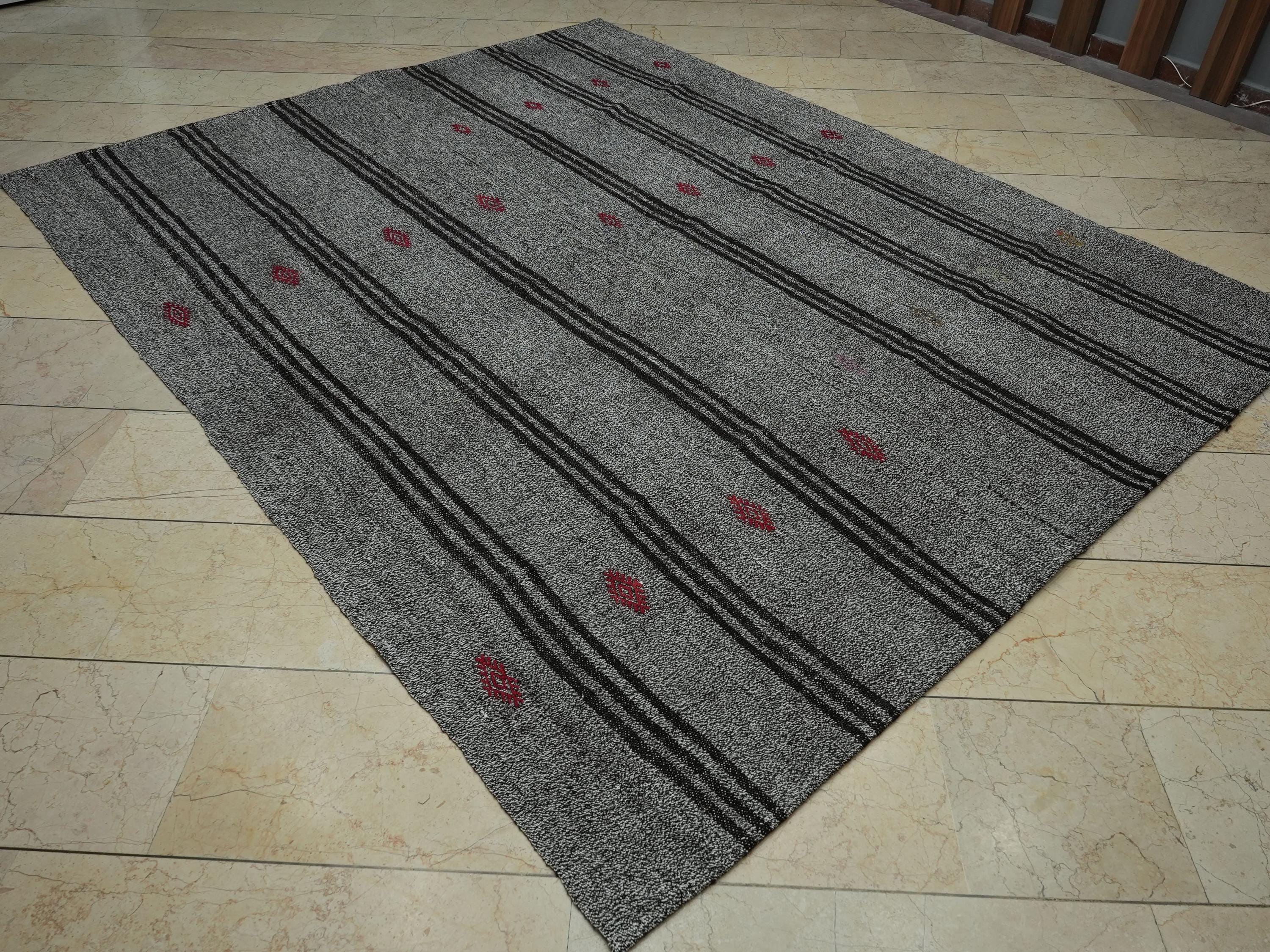 Scandinavian Style Gray & Dark Brown Striped Turkish Kilim Rug: 7.2x9 Feet.