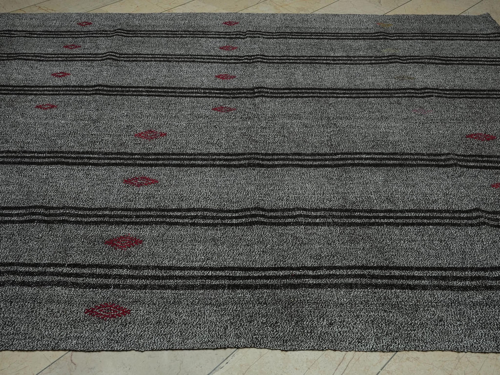 Scandinavian Style Gray & Dark Brown Striped Turkish Kilim Rug: 7.2x9 Feet.