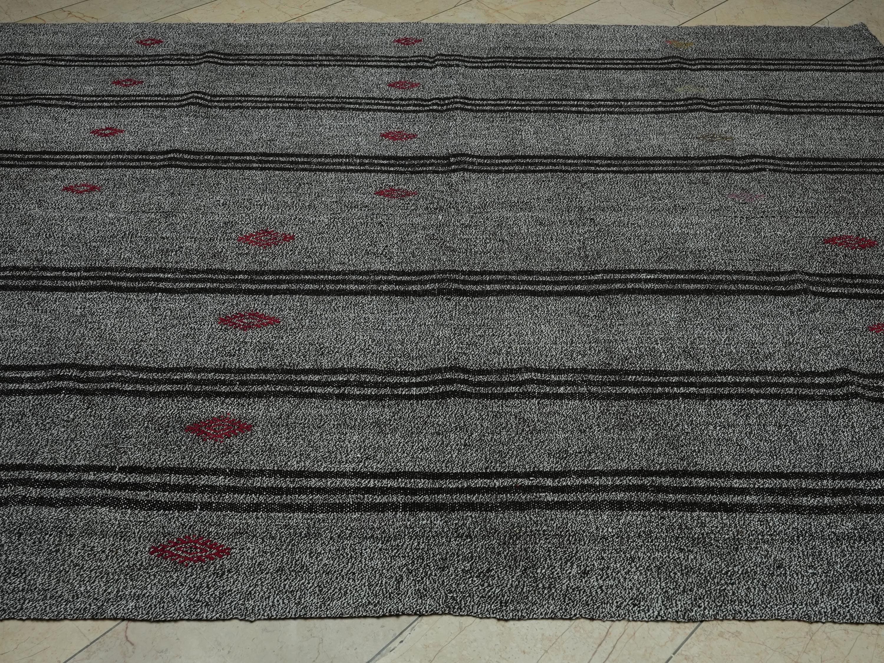 Scandinavian Style Gray & Dark Brown Striped Turkish Kilim Rug: 7.2x9 Feet.