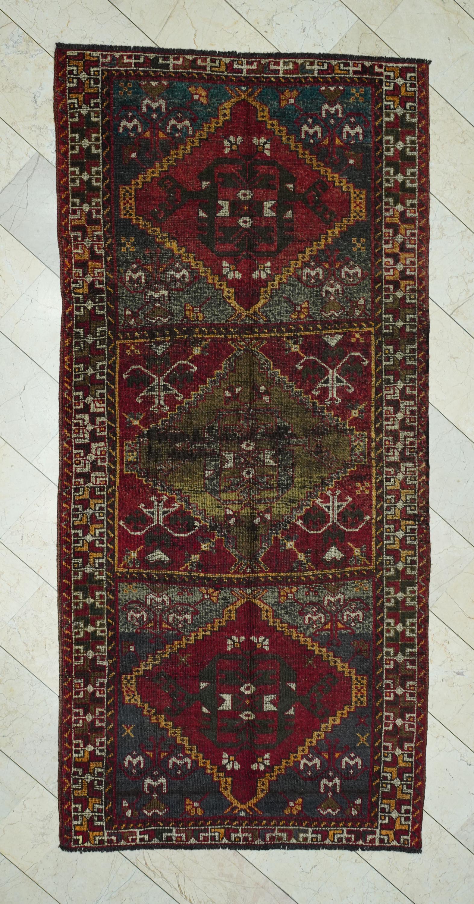 1950s Antique Kurdish Wool Carpet Rug Runner: 4.9x10.2 Feet,Valentine's Day Gift.