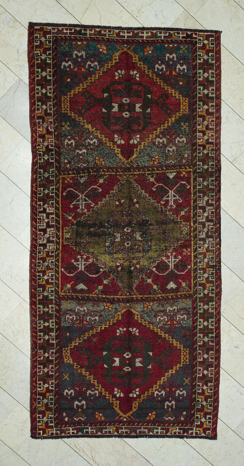 1950s Antique Kurdish Wool Carpet Rug Runner: 4.9x10.2 Feet,Valentine's Day Gift.