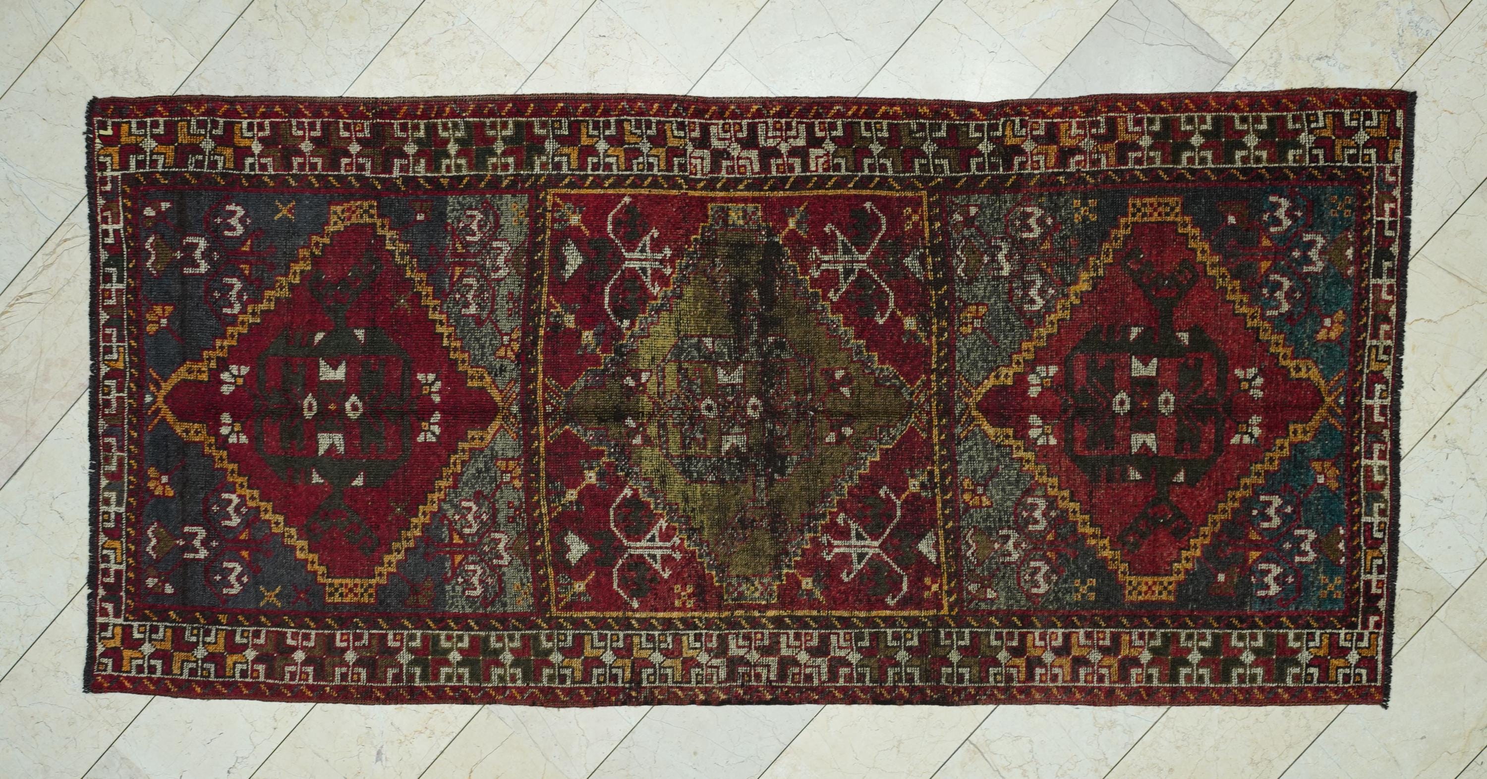1950s Antique Kurdish Wool Carpet Rug Runner: 4.9x10.2 Feet,Valentine's Day Gift.