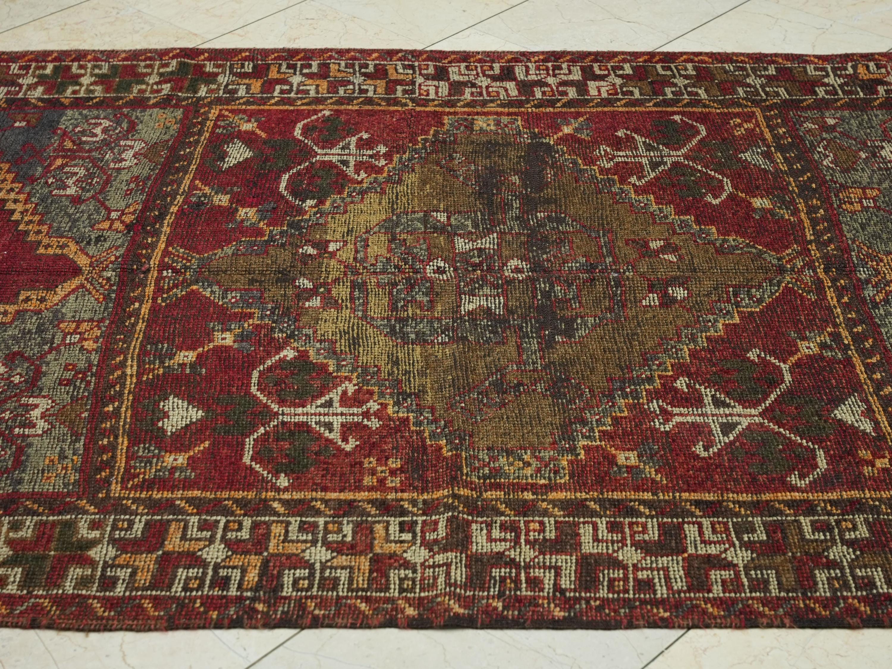 1950s Antique Kurdish Wool Carpet Rug Runner: 4.9x10.2 Feet,Valentine's Day Gift.