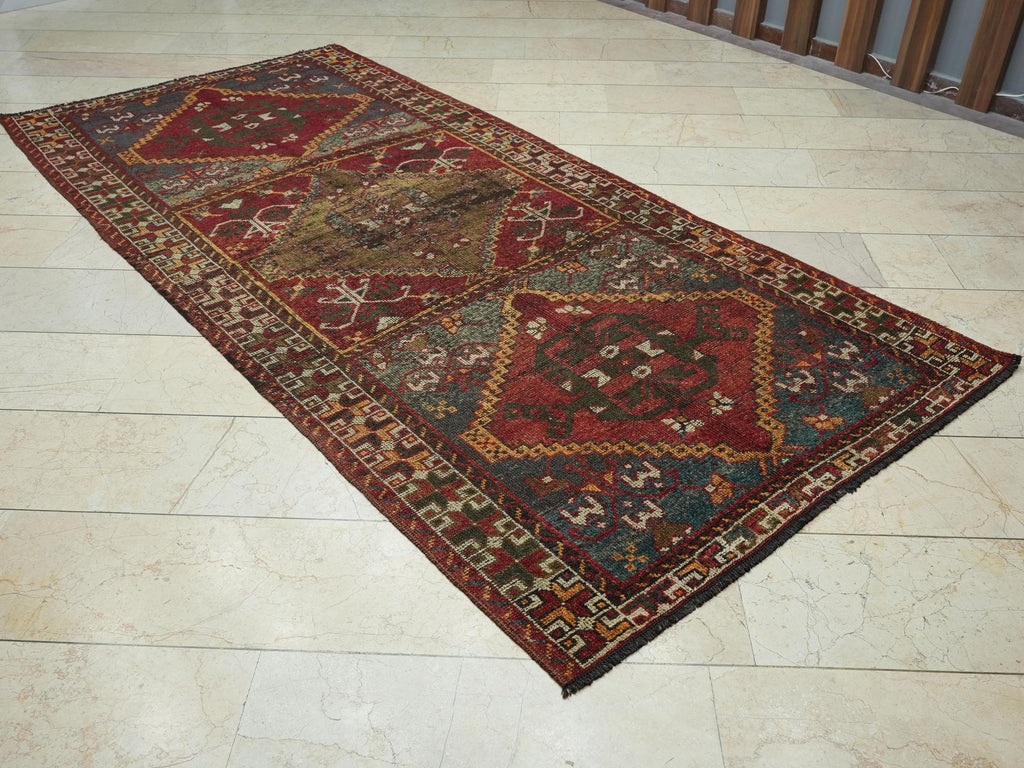1950s Antique Kurdish Wool Carpet Rug Runner: 4.9x10.2 Feet,Valentine's Day Gift.