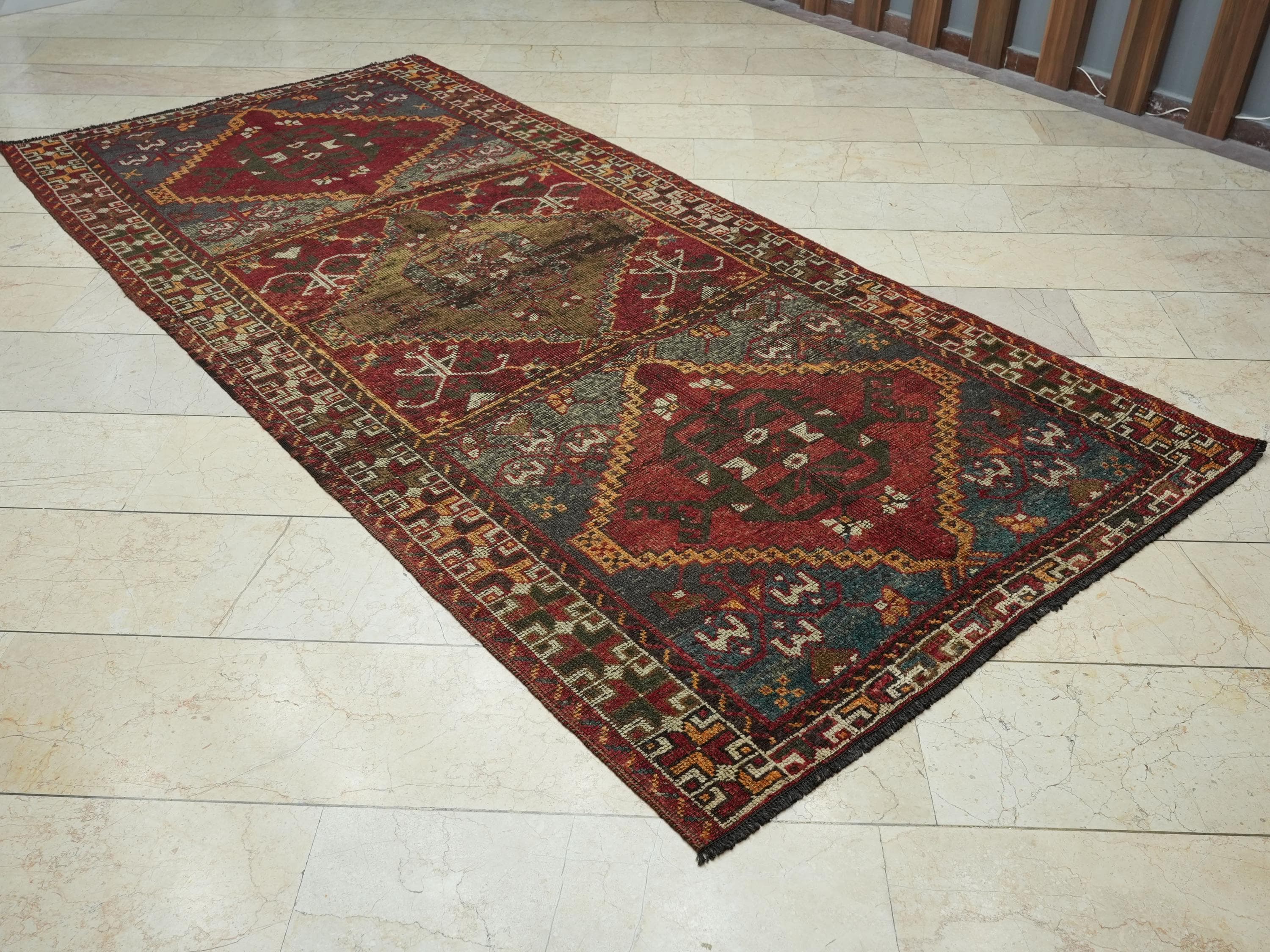1950s Antique Kurdish Wool Carpet Rug Runner: 4.9x10.2 Feet,Valentine's Day Gift.