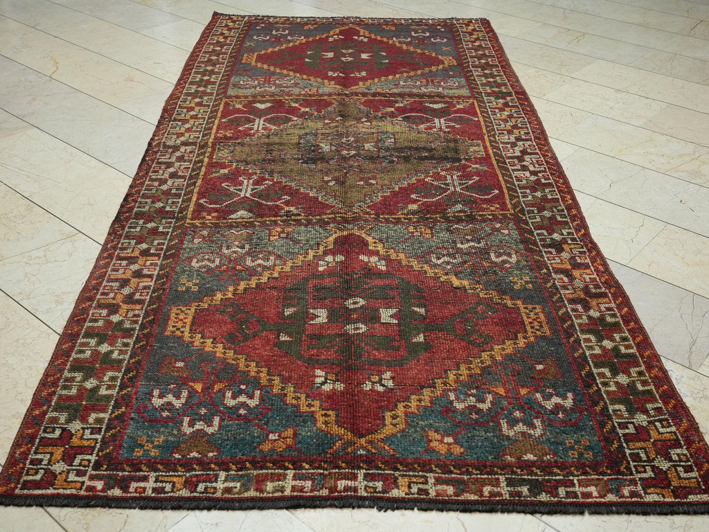 1950s Antique Kurdish Wool Carpet Rug Runner: 4.9x10.2 Feet,Valentine's Day Gift.