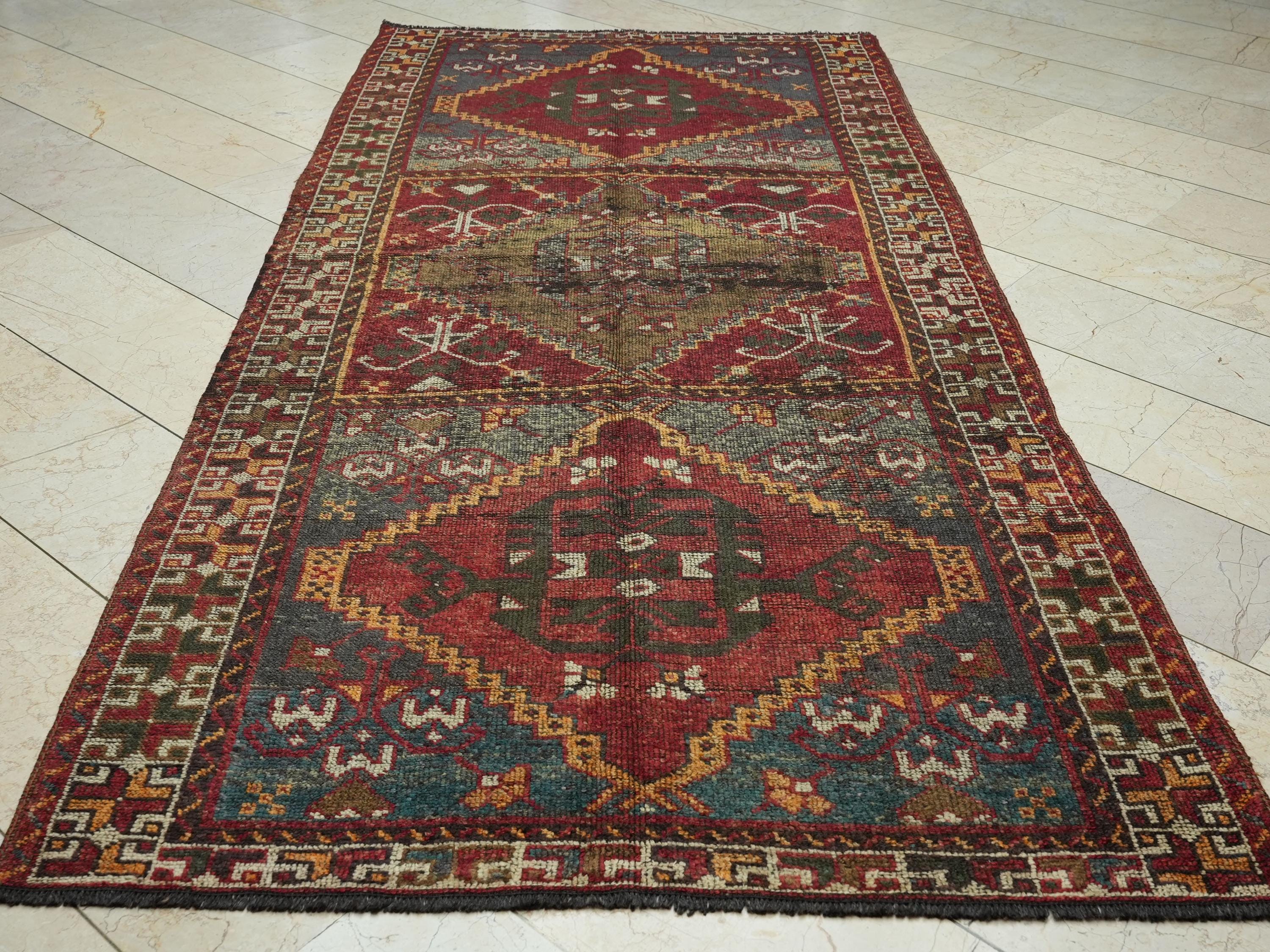 1950s Antique Kurdish Wool Carpet Rug Runner: 4.9x10.2 Feet,Valentine's Day Gift.