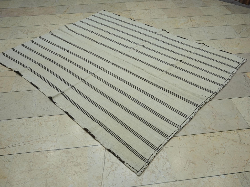 5x6  Striped Flat Weave Turkish Wool Kilim Rug: Scandinavian Style Decor Rugs.