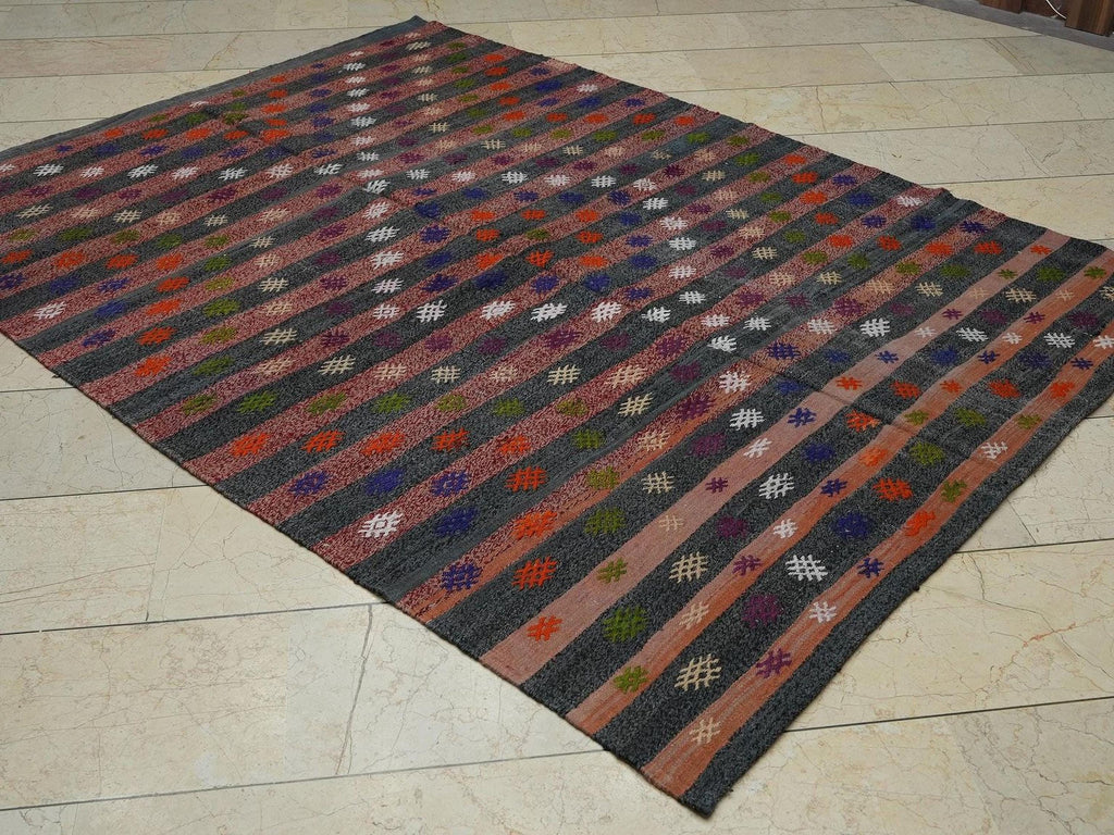 Turkish Kilim Rug: Vintage Flat Woven Stripe - Cotton Wool Blend